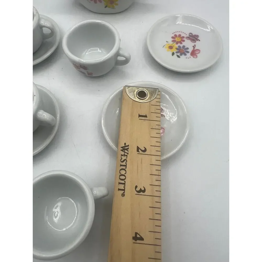 Miniature White Porcelain Tea Set Floral Dollhouse Teapot Cups Saucers 10 Piece